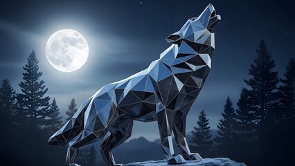 Luminous Geometric Wolf Howling at the Full Moon