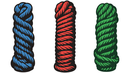 Three thick ropes are coiled and displayed in blue, red, and green colors.