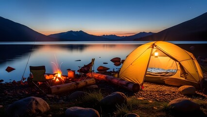 Sunrise Camping by a Misty Lake