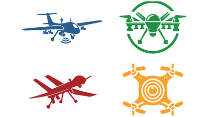 Four stylized drone icons are displayed in different colors and designs.