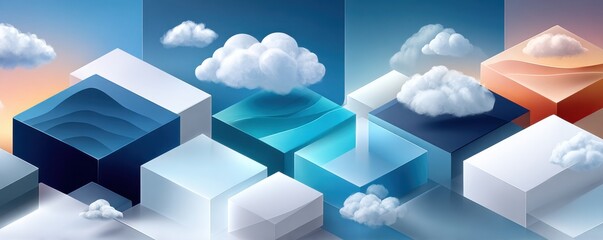 Isometric blue data visualization with stacked charts and models in a modern office theme