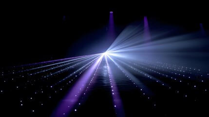 Bright laser beams converge at a central point, illuminating a dark scene with a purple hue