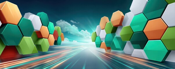 Data center with green hexagon symbols and icons representing technology and digital innovation