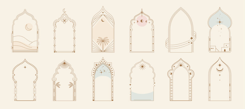Arabian muslim ramadan boho arch frames. Vector modern islam arch with moon and stars for eid mubarak and ramadan holiday celebration. Arab mosque gate line design with trendy bohemian decorations