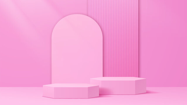 3d pink podium stage pedestals with romantic arch backdrop. Realistic vector mockup with luxury showcase space for product presentation in beauty or fashion. Geometric hexagonal display platform
