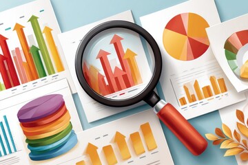 Magnifying glass over colorful charts and graphs illustrating data analysis and business growth