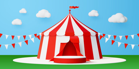3d circus vector podium stage with striped big top tent, pennant garland flags and cloud on blue sky. Carnival promotion, amusement park, entertainment podium circus stand or festive marquee tent