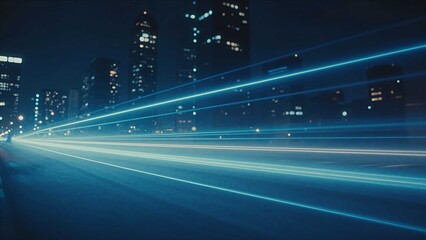 Abstract blue cityscape background with luminous night skyscraper light