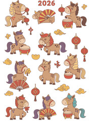 Cute Cartoon Horses Celebrating Chinese New Year 2024.