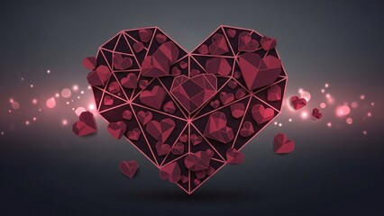 3D Wireframe Heart with Floating Red Hearts for Valentine's Day Love Romance Concept