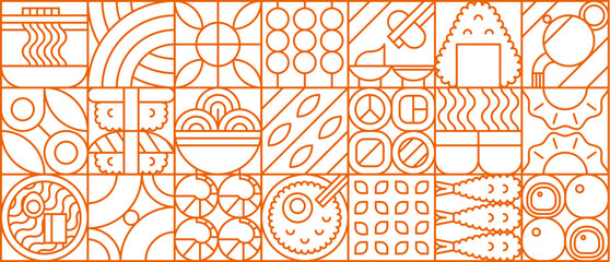 Fototapeta na wymiar Japanese food modern geometric pattern with linear Asian food motifs arranged in outline orange grid. Vector retro background with culinary elements like sushi, rolls, fish, shrimps and seafood meals