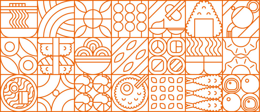 Japanese food modern geometric pattern with linear Asian food motifs arranged in outline orange grid. Vector retro background with culinary elements like sushi, rolls, fish, shrimps and seafood meals