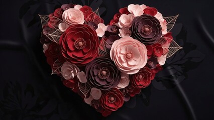 Elegant Valentine Heart Bouquet with Red and Pink Ranunculus Flowers on Black Background