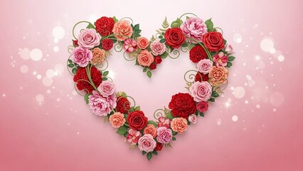 Elegant Valentine Heart Floral Wreath with Red and Pink Roses on Soft Pink Background