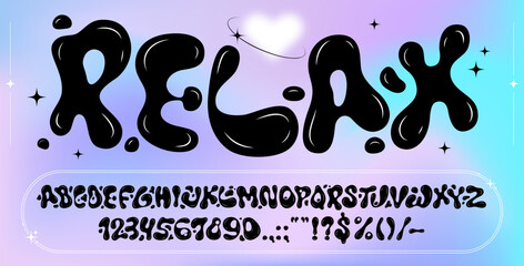 Black liquid ink bubble font, y2k funky type 3d wavy typeface, abstract alphabet on dreamy pastel gradient background. Vector groovy psychedelic trippy hippy type, retro abc letters, numbers, symbols
