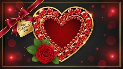 Red Heart Jewelry Valentine's Day Gift with Rose and Gold Bow on Dark Background
