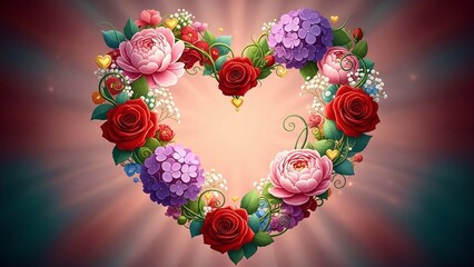 Elegant Valentine Heart Floral Wreath with Roses and Hydrangeas on Soft Blush Background