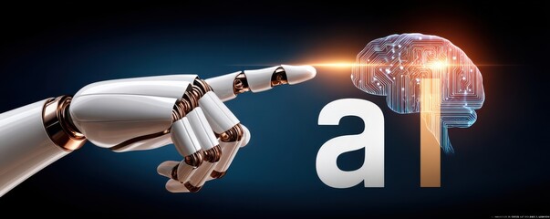 Robotic hand pointing at AI text and brain icon, symbolizing artificial intelligence and advanced technology