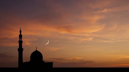 Peaceful Ramadan background featuring a mosque silhouette against a beautiful sunset sky with warm orange and purple tones. Calm and spiritual Islamic atmosphere with minimal composition and generous 
