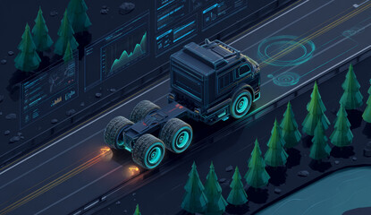 Futuristic autonomous truck driving on digital highway with data charts and virtual trees