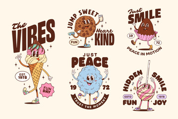 Bakery and dessert groovy characters stickers and sweets t shirt prints. Retro cartoon vector y2k ice cream, cookie, candy, cupcake, cotton candy and lollipop with fun, cheerful expressions and quotes