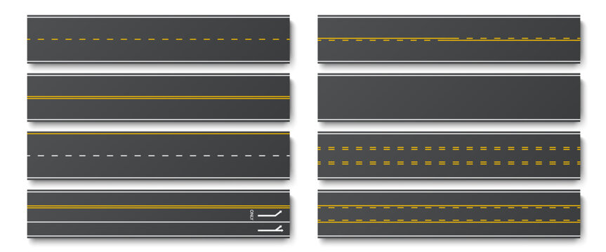 3d realistic top view asphalt road segments with traffic patterns such dashed lines, solid and double lanes and directional arrows. Vector for transportation maps, driving simulations or city planning