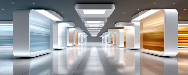 Modern server hall with glass racks, skylight, data screens, polished white floor, and sleek design