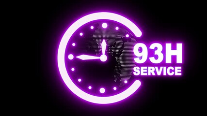 Neon 93 hours customer service concept. Nonstop service 93 hours, Worldwide nonstop and full-time available contact of service. Clock timer, time passage waiting time . Stopwatch animated icon - Powered by Adobe