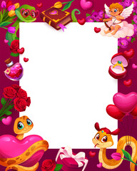 Fototapeta premium Valentine day greeting card template or frame surrounded by cute romantic elements like snakes with hearts, flowers, cupid, love potion, gift box and balloons. Cartoon vector border with copy space