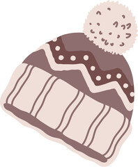 Winter wardrobe knitted hat, cold season clothing item. Warm clothes isolated item, winter wardrobe garment cartoon vector accessory. Cold weather headwear knitted hat with pompon element or sticker