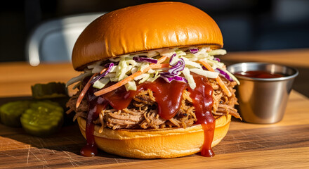 Delicious pulled pork sandwich with coleslaw on a wooden table