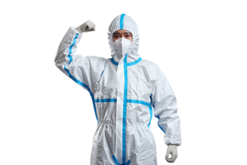 Confident person in protective coveralls flexing muscle