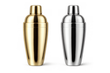 Professional cocktail shakers for barware featuring golden and silver metallic tools, ideal for mixology drinks