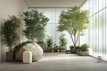 Minimalist Indoor Zen Garden With Large Trees Stone Benches And Ribbed Glass Walls