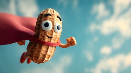 A cartoon peanut character with a superhero cape soaring through a vibrant blue sky