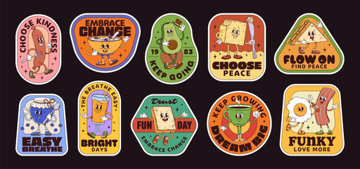 Breakfast groovy stickers, morning breakfast hippie patches. Set of retro food character badges featuring sausage, cereal bowl, avocado, sandwich, blueberry, juice, toast, coffee cup, egg and bacon