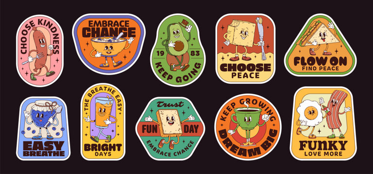 Breakfast groovy stickers, morning breakfast hippie patches. Set of retro food character badges featuring sausage, cereal bowl, avocado, sandwich, blueberry, juice, toast, coffee cup, egg and bacon