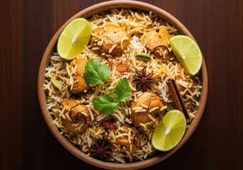 A bowl of rice and chicken with lime wedges on a wooden table