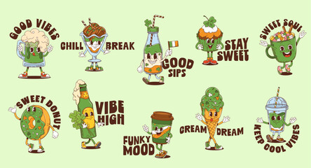 Fototapeta premium St Patrick day Y2K groovy stickers with characters of Irish holiday, cartoon vector. Groovy green ale beer with funny face and Ireland flag, donut and cupcake with shamrock for Saint Patrick stickers