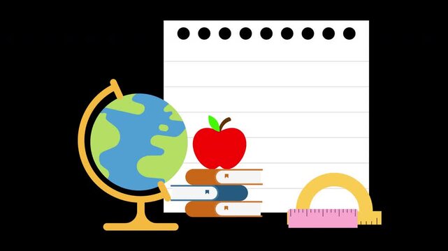 Back to school supplies animation with globe books and apple loop background