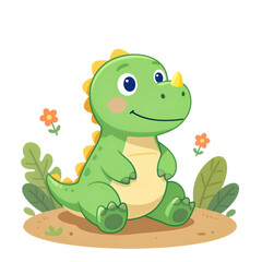 Fototapeta premium Cute Green Cartoon Dinosaur Sitting With Flowers