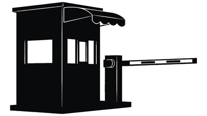 A security booth with a barrier arm is shown in silhouette.
