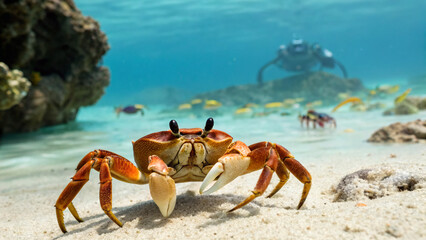 Underwater scene with crab and diver in clear water near coral reef at a tropical location during daytime