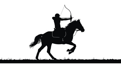 Silhouette of a person on horseback aiming a bow and arrow.