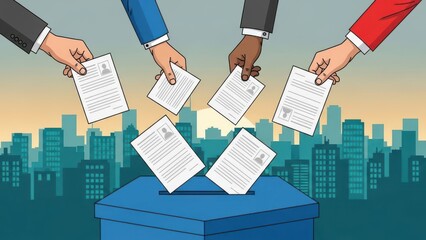 Hands of different skin tones inserting ballots into a blue box