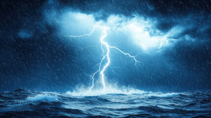 Dramatic Thunderstorm Over Ocean with Lightning Striking Waves