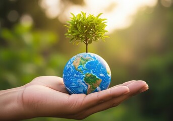 A hand holding a globe with a small tree growing on top