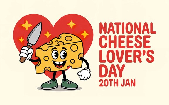 Happy cartoon cheese character celebrating National Cheese Lovers Day on January 20th with a heart and cheese knife in hand - Powered by Adobe