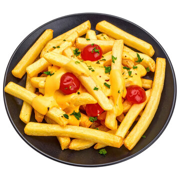 Deconstructed kapsalon with all components like fries, shawarma, and sauces presented separately, isolated on white background