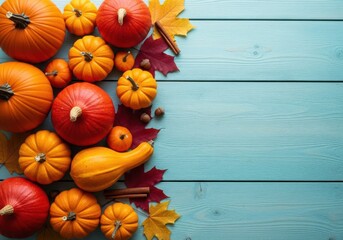 Pumpkins and leaves on a blue wooden background for fall season